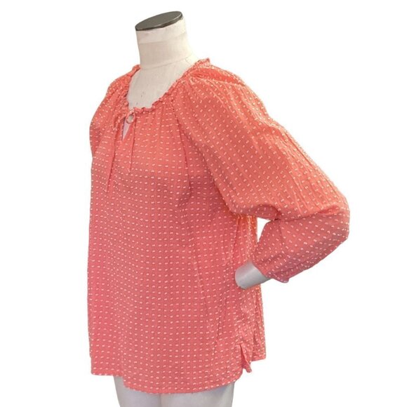 LOFT Cotton Textured-Swiss Dot Peasant Blouse Sz L Coral 36P - Picture 3 of 8